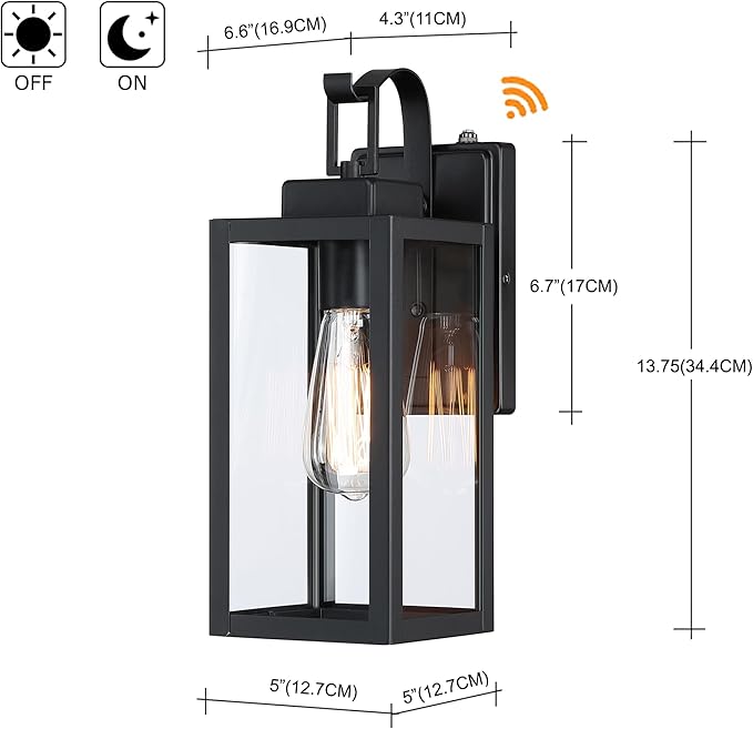 WISBEAM 2 Pack 13.75in Black Outdoor Wall Sconce, Dusk to Dawn Outdoor Wall Light, E26 Base 60W Max, Metal Housing Plus Glass, ETL Qualified, Bulbs not Included