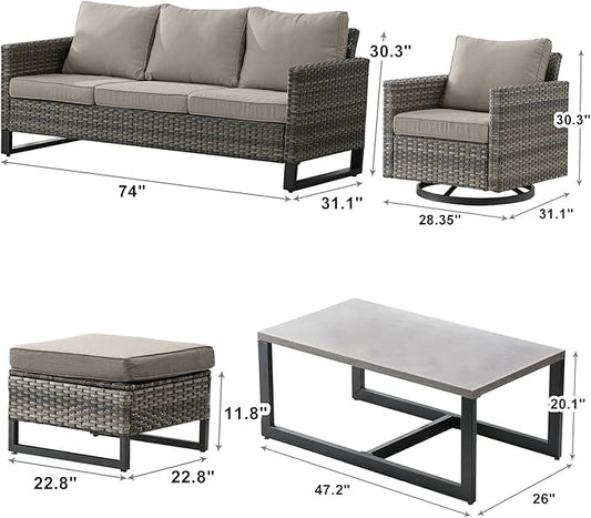 Wicker Outdoor Patio Furniture Set - 8 Piece Patio Conversation Set with 4 Swivel Rocker Chairs,2 Rattan Ottoman,1 Couch and 1 Metal Coffee Table for Outside Porch Deck Backyard(Mixed Grey/Grey)