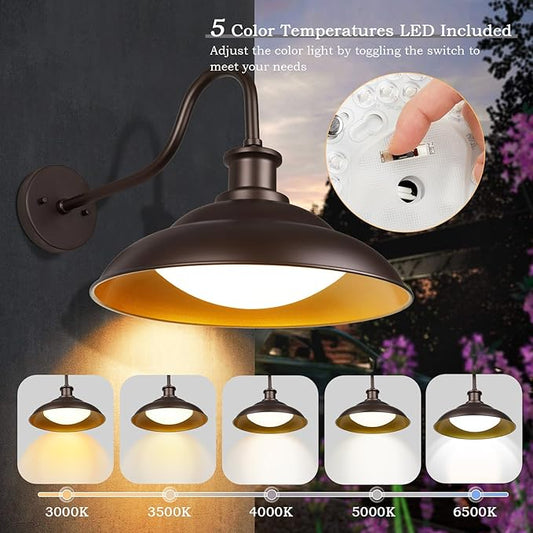 Outdoor LED Barn Lights, 16 Inch Dome Large Farmhous Exterior Wall Lights Fixture with Adjustable Color Temperature, Modern Bronze Gold Wall Sconces Outside for House Garage Doorway, 2Pack