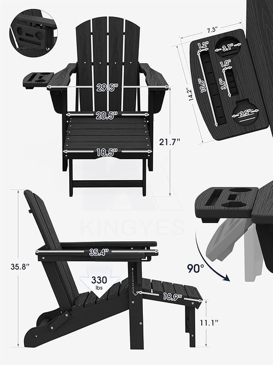 KINGYES Adjustable Folding Adirondack Chair with Footrest & 4-in-1 Multi-Functional Armrest Organizer, HDPE Foldable Reclining Adirondack Chair with Pull-Out Ottoman, Black