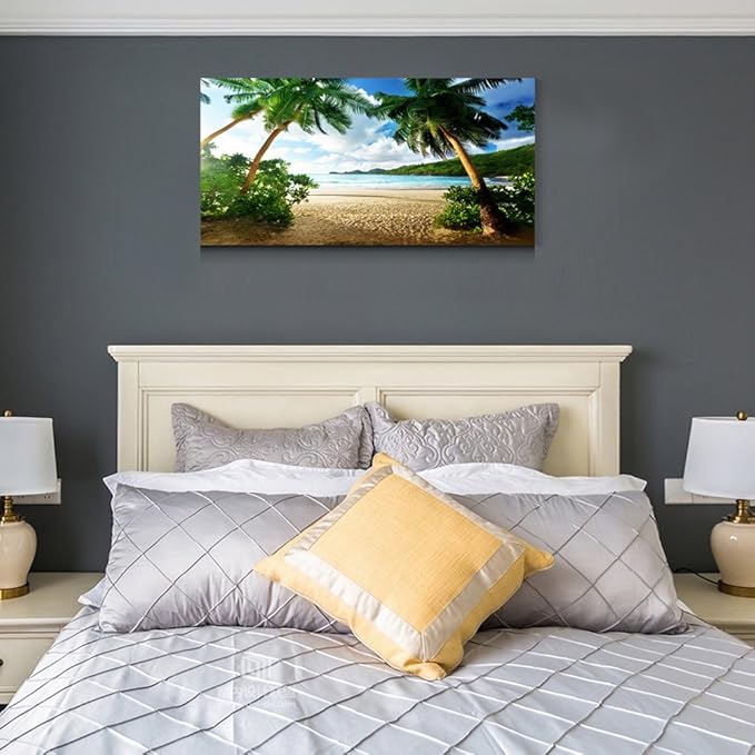 Wall Art Sea Beach Coconut Tree Landscape Picture Print Canvas Wall Art Modern Giclee Artwork Home Decor Stretched and Framed Ready to Hang,2cm Thick Frame, Waterproof Artwork.