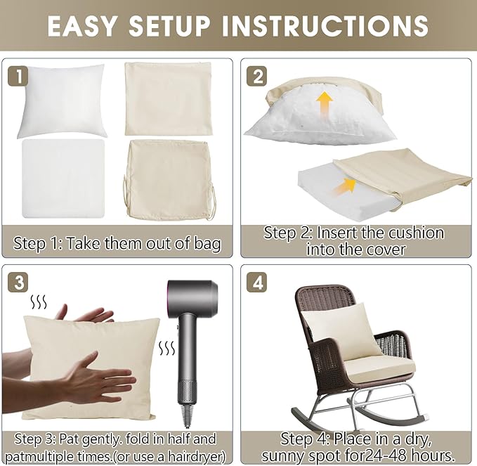 Outdoor Seat Cushion Set 19 x 19 In, Water-Resistant & Fade-Resistan, Patio Furniture Cushions with Removable Cover Deep Seat & Back Cushion with Handle and Adjustable Straps for Chair Sofa,2PC