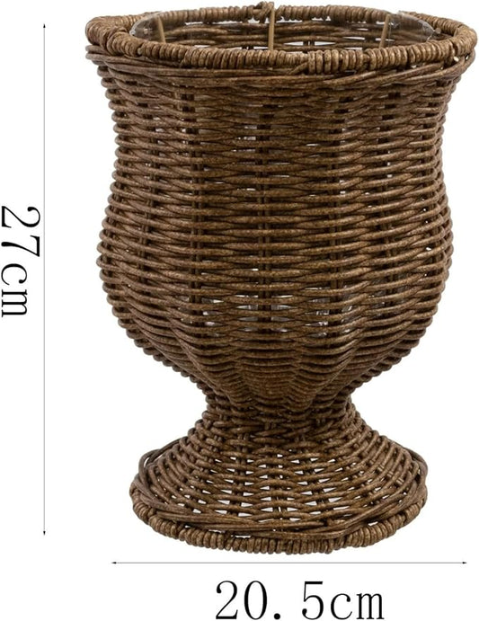 8 Inch Goblet Planter, Woven Rattan Look Resin Flower Pot with Sturdy Metal Frame, Decorative Indoor Outdoor Plant Pot, Rustic Brown Garden Container, for Flowers Herbs Patio Balcony Decor (Brown)