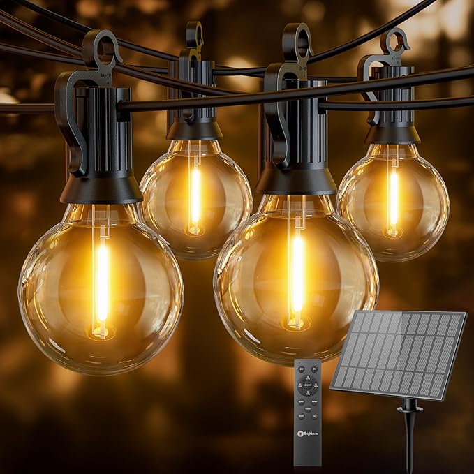 Brightown 58FT Solar String Lights Outdoor with Remote and 26 LED Shatterproof Bulbs, Dimmable & Timable, 3 Light Modes, Solar Patio String Lights Outdoor for Cafe, Garden, Deck, Outside Wedding