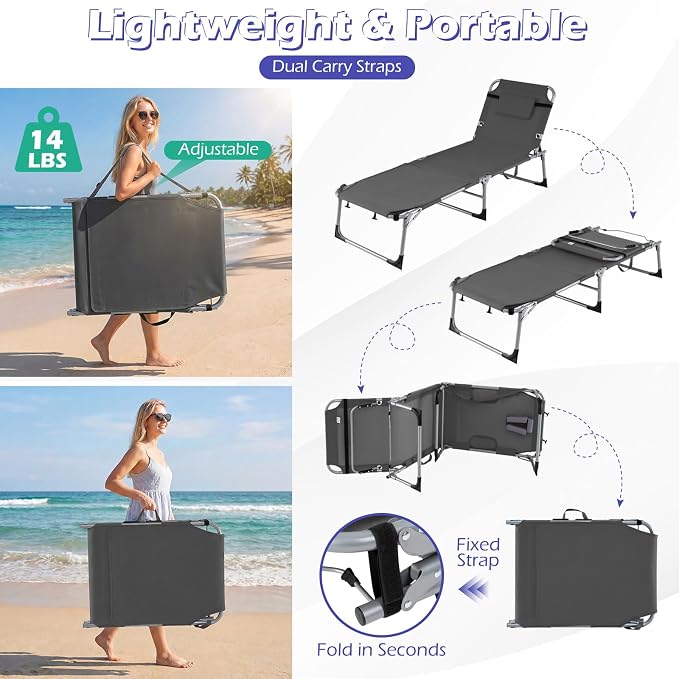 GYMAX Tanning Chair, 3 in 1 Sun Bathing Lounge Chairs with Face/Arm Holes & Side Pocket, Portable Lightweight Face Down Layout Tanning Chair for Outside, Beach, Backyard, Poolside (1, Grey)