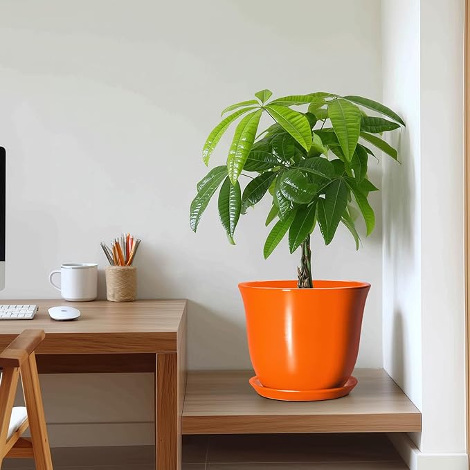 10 Inch Plant Pot - Ceramic Pots for Plants with Drainage Hole and Saucer, Round Planters for Indoor Outdoor Plants, Modern Decorative Planters, Room Home Decor, Gardening Gifts, Orange