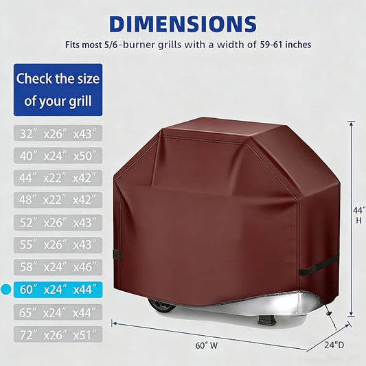 BBQ Gas Grill Cover for Outdoor, Anti-UV, Rip-Proof, 600D Oxford Fade Resistant Material, Barbecue Cover with Hook and Loop Straps & Adjustable Hem Drawstring (Reddish Brown, 60”x24”x44”)