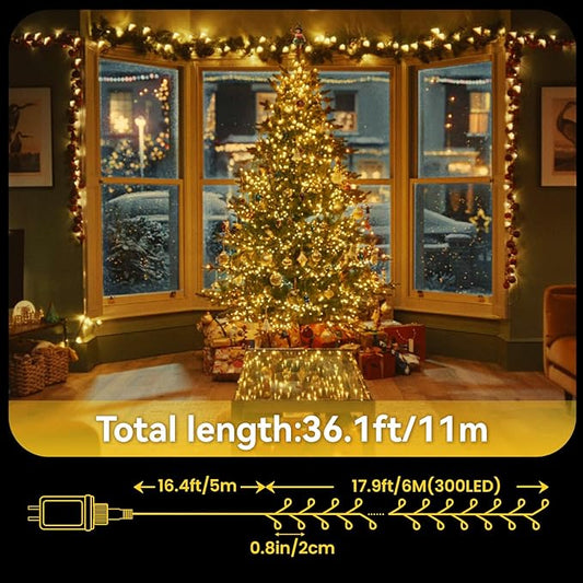 Dailyart 300 LED Cluster Lights Christmas 36Ft Fairy Lights Plug in with Remote 8 Modes Warm White String Lights Waterproof Christmas Tree Lights Twinkle Lights for Bedroom House, Green Wire