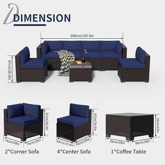 7-Piece Outdoor Sectional Patio Furniture Set, All-Weather Wicker Rattan Sofa w/Thick Washable Cushions & Tempered Glass Table, Perfect for Garden, Poolside, Backyard (7, Darkbrown&Navy Blue)