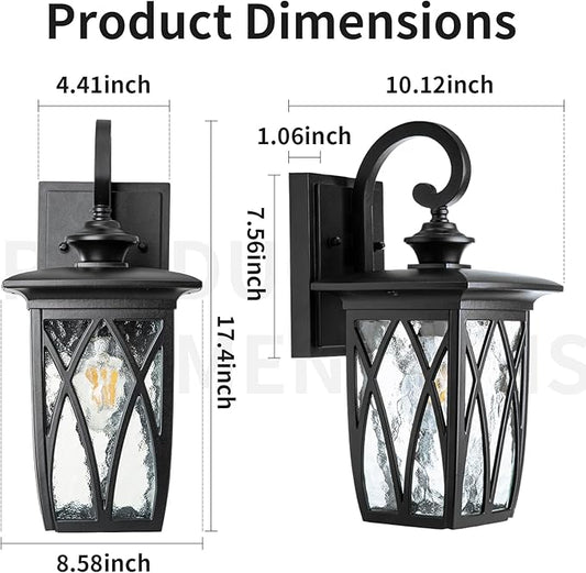 Outdoor Porch Light Wall Mount,18'' Exterior Waterproof Wall Lighting Fixtures,Wall Sconce Light with E26 Socket & Water Ripple Glass Shades, Matte Black Outside Wall Lantern for Patio Front Door