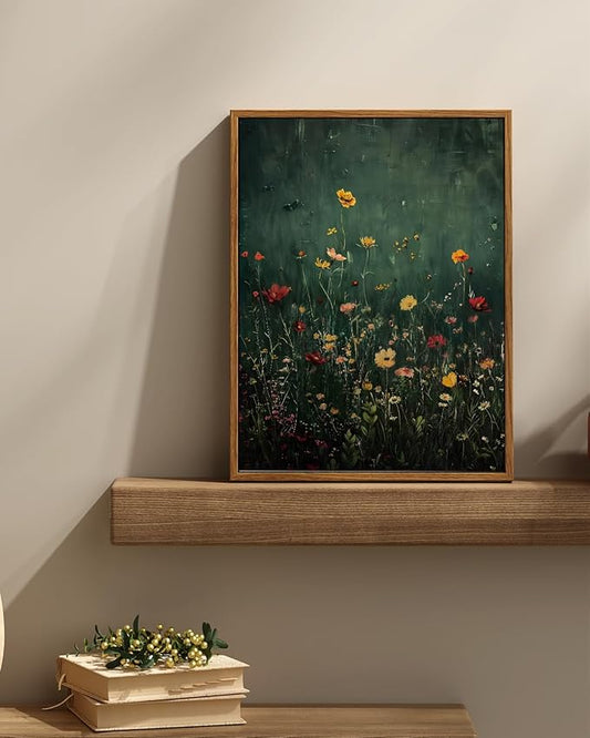 InSimSea Framed Canvas Prints Art Vintage Decor, Wildflower Field Antique Painting, Rustic Floral Botanical Wall Art for Living Room Bedroom Home Bathroom Wall Decor, 12x16inch
