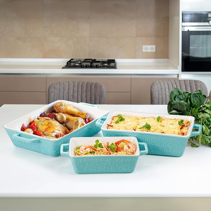 Okllen Set of 3 Casserole Dishes for Oven, Ceramic Baking Dishes with Handles, Rectangular Lasagna Pan Bakeware Set for Baking Cooking, Roasting, Broiling, Gratin, Wedding & Housewarming Gift, Blue
