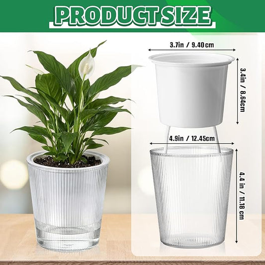 6 Pack Self Watering Pots for Indoor Plants Plastic Vertical Ribbed Semi Transparent Planters, Dual Layer Reservoir for Indoor Succulents Herbs Pothos(Clear, White,4.4 x 4.9 Inch)