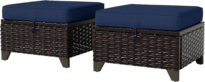 VistaVibe 2 Pieces Patio Wicker Ottomans, Luxurious Footstools, Outdoor Small Footrest, Wicker Furniture with Removable Cushions,All-Weather PE Rattan, Garden, Backyard, Porch(Brown/Navy)