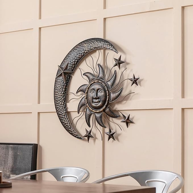 TICKCACY 27β Metal Sun Wall Decor, Vintage Sun Moon Stars Wall Hanging Decoration, Moon and Stars Wall Art Sculpture for Indoor Outdoor Living Room Bedroom Garden Yard Patio Fence
