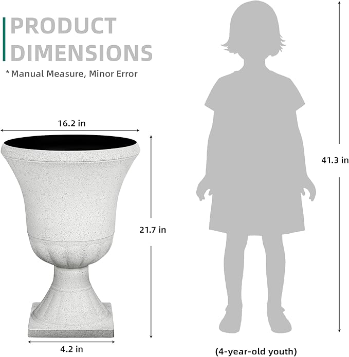 22" Urn Planters Outdoor Planter for Plants Set of 2 Timeless Plastic Large Flower Pot with Drainage Hole Terrazzo White Garden Pots for Porch, Patio Christmas Decor