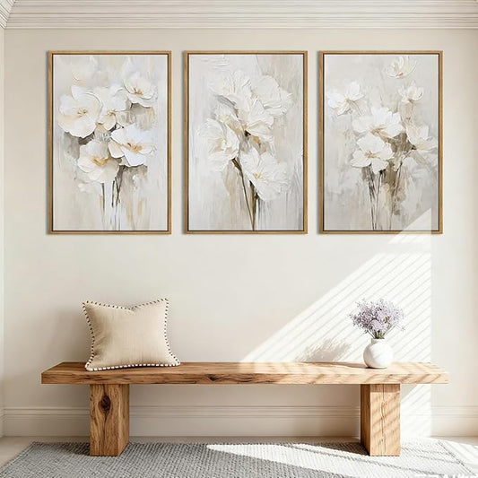 Anyzal Extra Large Beige Floral Framed Wall Art 24x36 Inch Neutral White Flower Canvas Wall Art Farmhouse Wildflower botanical Artwork for Living Room Bedroom Dining Room Set of 3