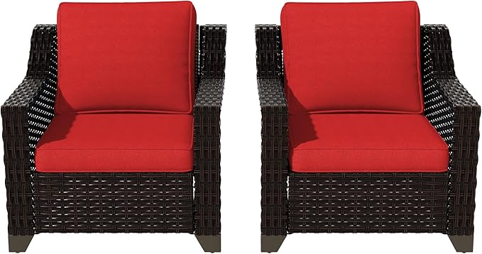 VistaVibe 2 Pieces Outdoor Armchairs, Patio Conversation Furniture Set, Washable Cushions, Luxurious Hand-Woven PE Rattan, Garden, Bistro, Deck, Backyard (Brown/Red)