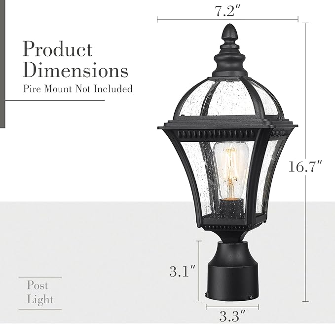 Emliviar Farmhouse Outdoor Post Lighting, Exterior Pole Lantern with Seeded Glass, 16.7" Post Lamp for Garden, Driveway & Pathway, XE266P-S BK