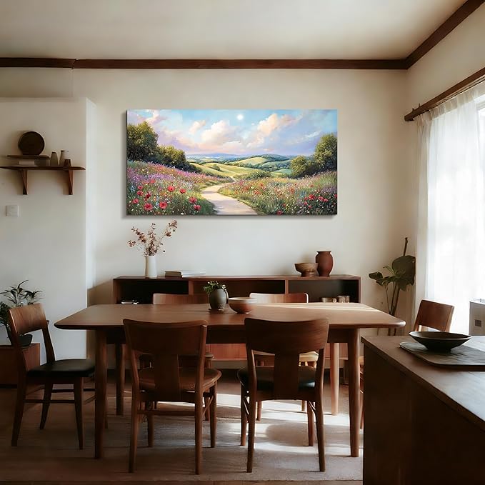 SERIMINO Oversized Wall Art, Landscape Wall Art, Rustic Green Scenic Decor, Spring Wildflowers Picture Prints, Hillside Grassland Paintings for Living Room Bedroom Dining Room Hallway Farmhouse Hotel 29"x57"