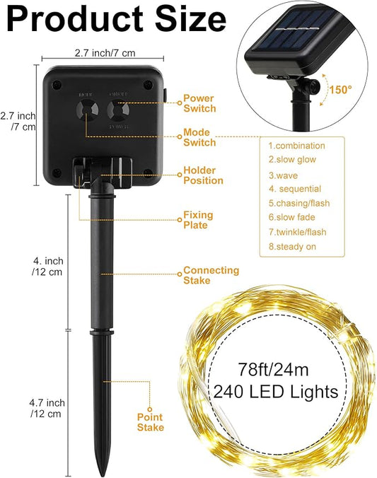 Treela 8 Pack Solar String Lights Outdoor Waterproof Each 240 Led 78ft Solar Fairy Lights Outdoor 8 Mode Led Tree Waterproof Copper Wire Garden Yard(Warm White)