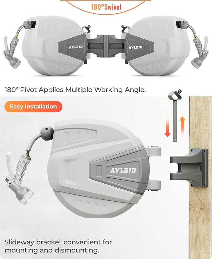 Ayleid Retractable Rubber Hybrid Garden Hose Reel, 1/2"x65ft Wall Mount | Anti-freeze, kink-free premium rubber hybrid hose, 24-month warranty, 9-pattern sprayer, any-length lock, slow auto-return.