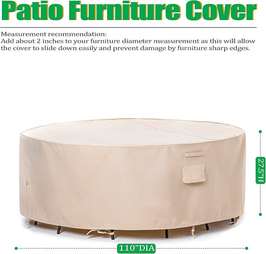 F&J Outdoors Patio Furniture Covers Waterproof UV Resistant Rip-stop Fabric Large Outdoor Furniture Covers, Beige,110" Dia x 27.5" H
