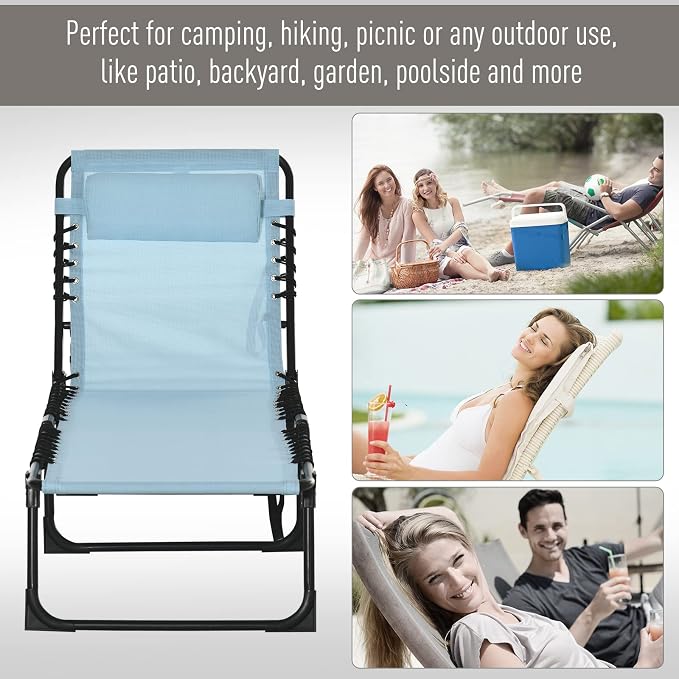 Outdoor Lounge Chair, Tanning Chair with Sunshade Roof, Adjustable Backrest Folding Chaise Lounge with Pillow Headrest for Outside, Beach, Camping, Hiking (No Sunshade Roof, Light Blue)