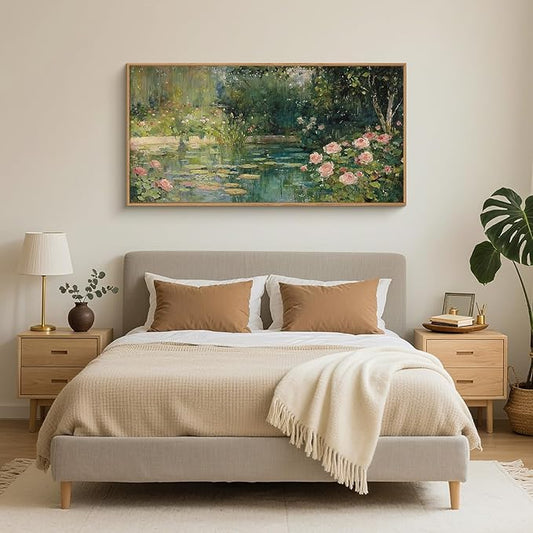 FWIEXA Monet Floral Framed Canvas Wall Art Set, Impressionist Botanical Garden Wall Decor, Vintage Ponds Tree Plant Artwork, Nature Landscape Prints, 20x40 Inches Pictures for for Living Room, Bedroom