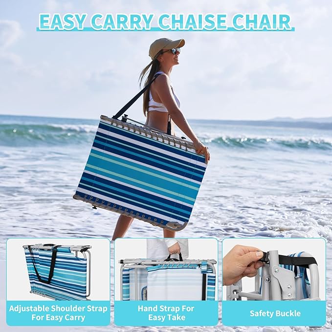 #WEJOY 3 in 1 Tanning Chair with Face Hole & Canopy, 300 lbs Heavy Duty 5 Positions Folding Face Down Lounge Chairs Outdoor with Pillow & Storage Bag Portable for Pool Beach Lawn Camping (Bluestrips)