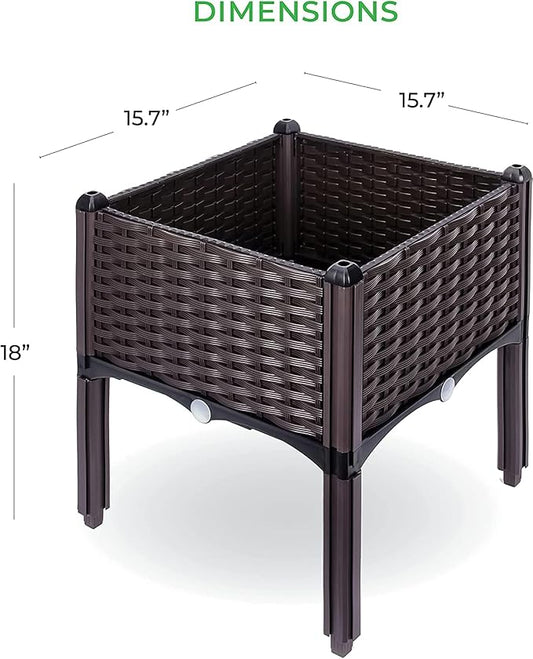 Raised Garden Planter, Resin, Elevated Flower Bed Box Kit for Vegetable, Flower, Herb Gardening | 16" X 18", Wicker Pattern, Brown