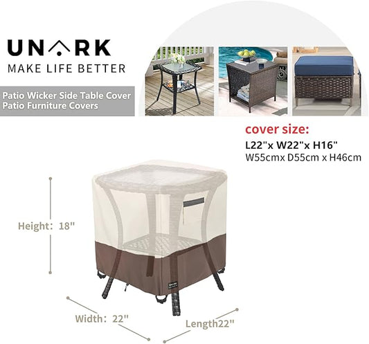 Patio Wicker Side Table Cover, Suitable for 3-Piece Outdoor Wicker Patio Bistro Set Side Table, Waterproof Square Patio Small Side Table Cover 22 W x 22 D x 18 H inches Beige and Brown