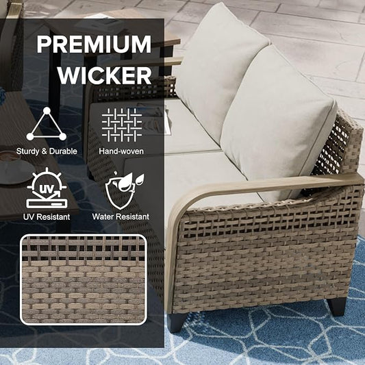COOS BAY Modern Wicker Outdoor Furniture Set, Patio Conversation Set with Patio Chairs, 2 Seat Loveseat, Coffee Table and Side Table, 5 Piece, Brown/Gray