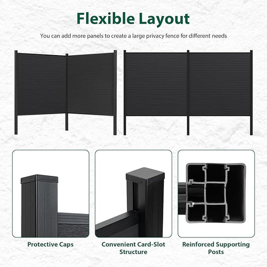 Privacy Fence Panels for Outside with 1 Post, 6' × 6' Windproof Composite Fence Cover Privacy, Garden Fencing Panel for Yard Pool Equipment Trash Can(Poured Concrete, Black)