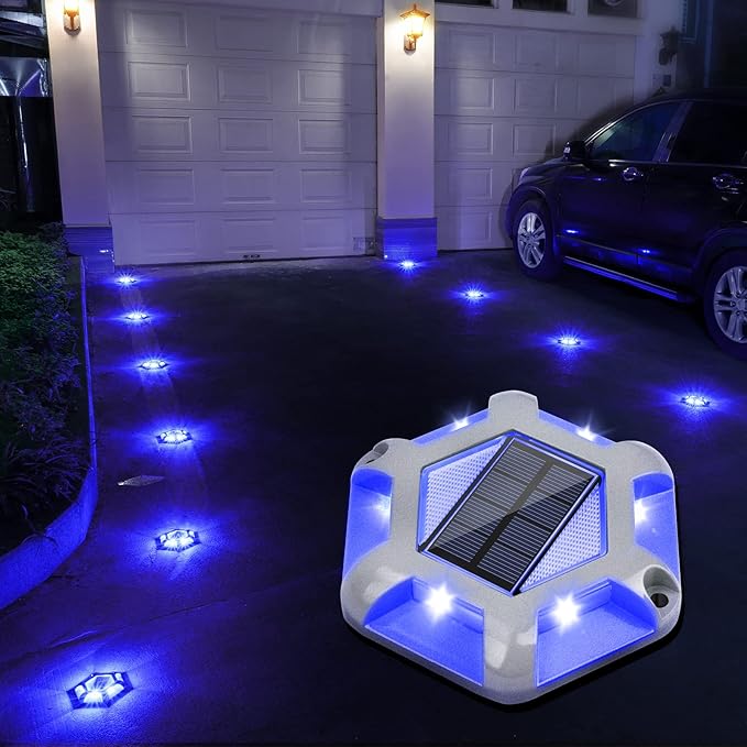 VOLISUN Solar Dock Lights Driveway Deck Lights, 12-Pack Waterproof Outdoor LED Aluminum Dock Lighting Warning Step for Driveway Sidewalk Garden Pathway Yard(Blue+White,2 Colors in 1)