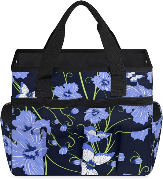 Garden Tote Bag with Pockets Flower Butterfly Gardening Bags for Tools Organizer Heavy Duty Storage Bag with Handle for Lawn Yard Casual