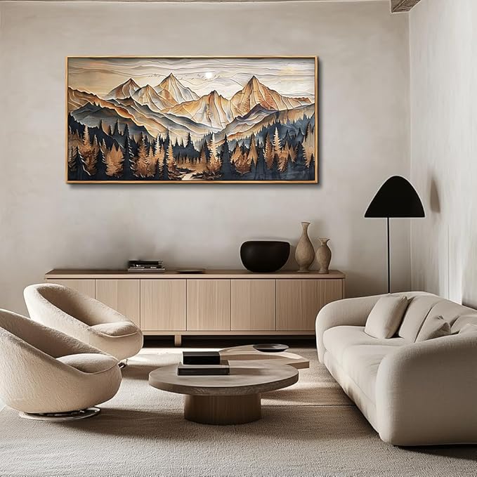 QIYILEXWART Wood Farmed Large Wall Decor For Living Room Canvas Wall Art For Office Modern Wall Decorations For Bedroom Mountain Landscape Painting Abstract Pictures Artwork Room Home Decor 24x48 In