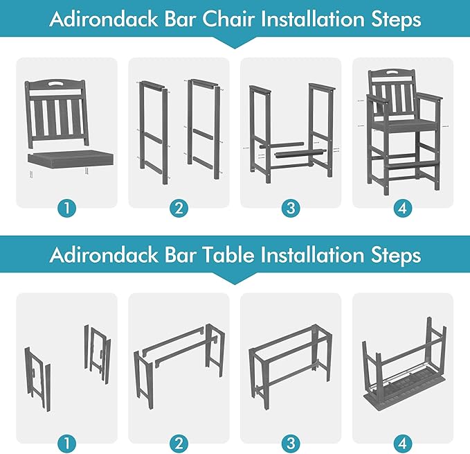 Ciokea Heavy-Duty Outdoor Bar Set, Rectangle High Top Table and 2 Oversized Adirondack Chairs Set, HDPE Modern Patio Bar Set for Outside Bistro Backyard Balcony Deck Outside, Grey