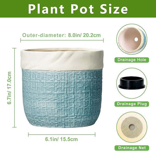 Ceramic Planter - 8 Inch Plant Pot for Indoor Outdoor Plants, Boho Planters with Drainage Hole and Plug, Round Decorative Flower Pots, Garden Home Office Decor, Plant Lover Gifts, Blue