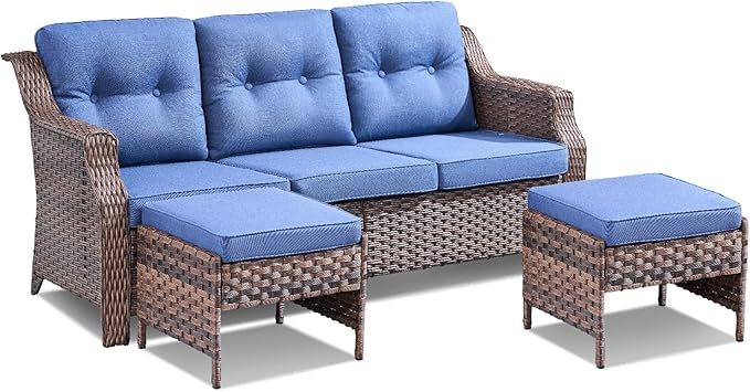 3 Pieces Patio Furniture Sofa Set-Outdoor Wicker Patio Furniture Covered Couch with Multifunctional Ottoman and All-Weather Patio Conversation Set for Backyard Porch Garden Brown/Blue