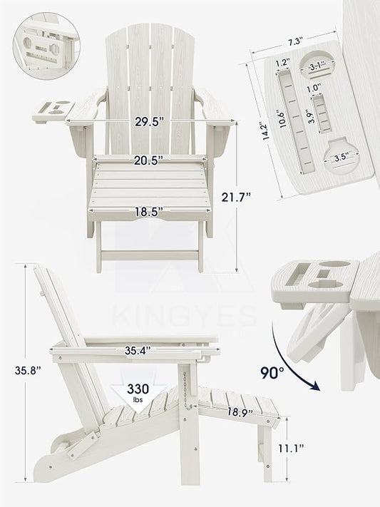 KINGYES Adjustable Folding Adirondack Chair with Footrest & 4-in-1 Multi-Functional Armrest Organizer Set of 4, HDPE Foldable Reclining Adirondack Chair with Pull-Out Ottoman, White
