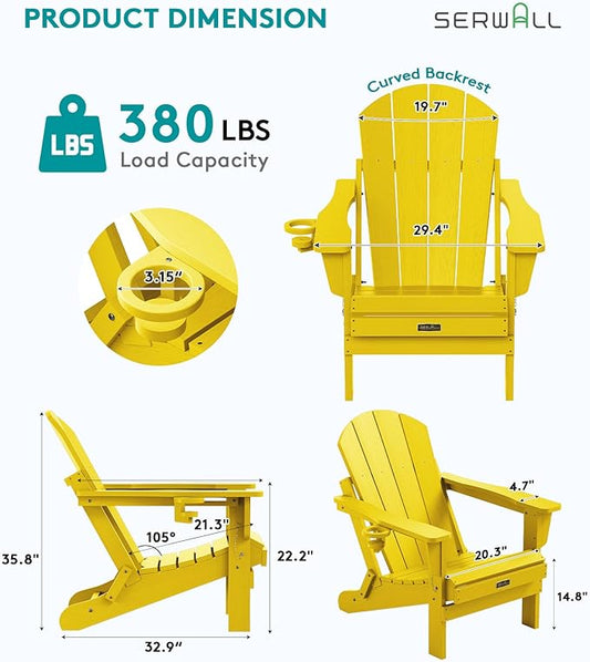 SERWALL Folding Adirondack Chair Outdoor Adirondack Chairs with Cup Holder, Weather Resistant Fire Pit Chairs for Patio - Yellow