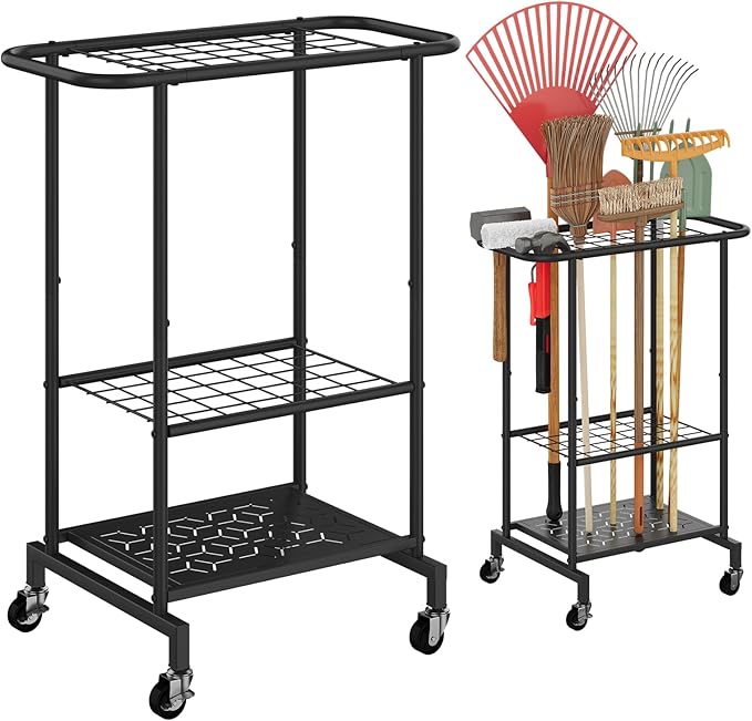 Garden Tool Organizer with Wheels, Yard Tool Rack Heavy Duty Steel Tool Organizer and Storage Holder Broom Holder for Garage, Shed, Patio, Indoor/Outdoor