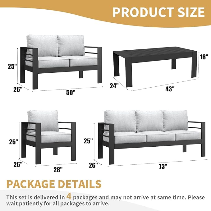 LayinSun Outdoor Aluminum Furniture Set, 5 Pieces Patio Sectional Conversation Chat Sofa Modern Seating Set with Coffee Table