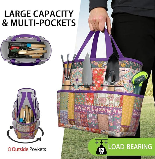 Boho Garden Tool Bag - Waterproof Floral Garden Tote with 8 Pockets, Large Storage Home Organizer Gardening Tool Oxford Bag for Garden Tools Kits Holder, Ideal Outdoor Gardening Gift for Women & Men