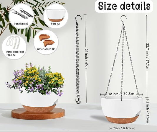 2 Pack 12 Inch Large Hanging Planters with Chains Self Watering White Brown Plastic Hanging Pots for Indoor Outdoor Plants, Garden Porch Home Decor,White Brown