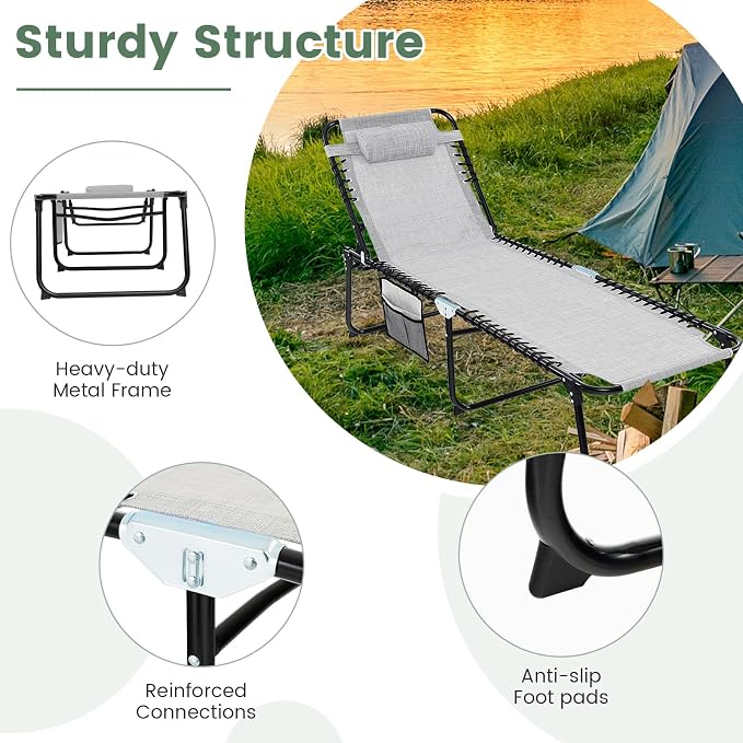 Tangkula Beach Lounge Chair for Outside, Folding Chaise Lounge Outdoor with 4-Position Backrest, Removable Headrest and Side Pocket, Portable Sunbathing Tanning Chair for Patio, Poolside (1, Grey)