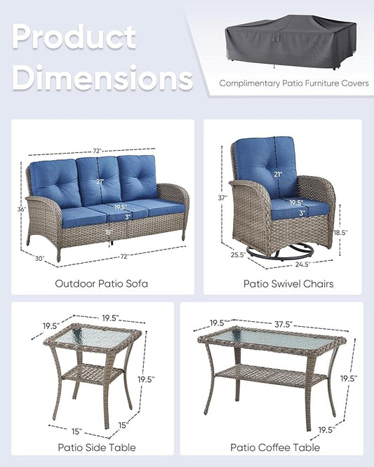 5 Pieces Wicker Patio Furniture Set-Outdoor Swivel Rocker Patio Chairs Patio Sofa Set with Tempered Glass Top Outdoor Coffee Table for Deck Lawn Porch Balcony Poolside-Grey/Blue