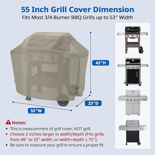SunPatio Grill Cover 55 Inch for Outdoor Grill, Heavy Duty BBQ Cover with Waterproof Sealed Seam, FadeStop Material, All Weather Resistant Compatible for Weber CharBroil Nexgrill and More, Taupe