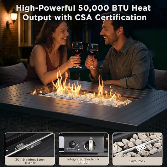 Patio Furniture Set with 42.5" Fire Pit Table-6 Pieces All Weather Wicker Outdoor Furniture with High Back Swivel Patio Chairs Set of 2 Outdoor Couch for Deck Balcony Backyard Beige/Gray